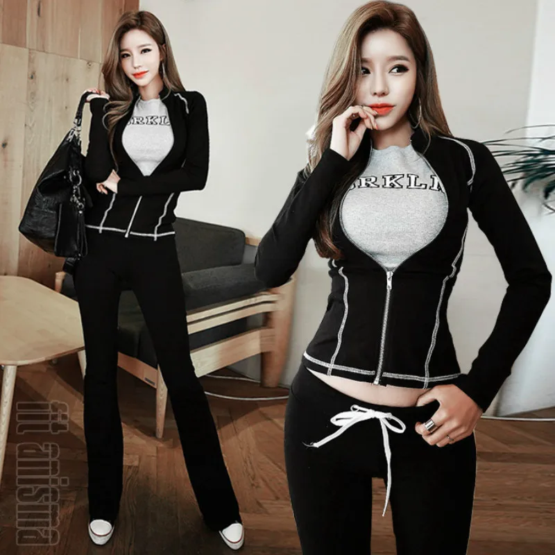 

Korean women's sets fashion two-piece casual spring autumn slim flared pants Short zipper sweatshirt coat 2 piece set women S-XL