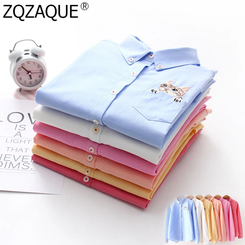 

2019 New Korean Women Cotton Shirts Embroidery Cartoon Cat Long Sleeve Tops for Girl Fashion Cute Blouses Bottom Summer Autumn