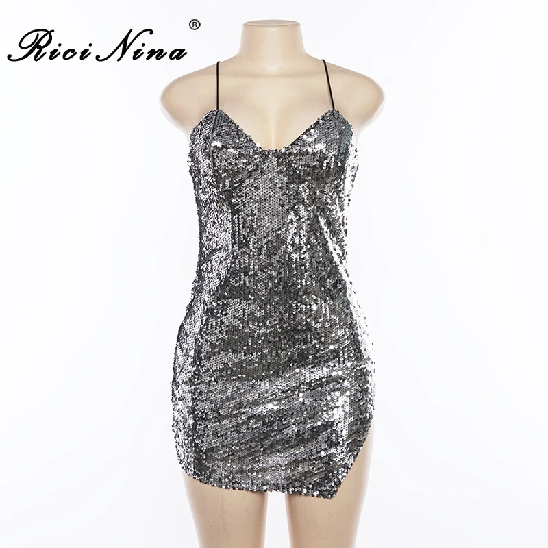 RICININA Hot Women Summer Dress Woman Backless Sleeveless Cross Sequin Sexy Bodycon Mini Dress Ladies Party Dresses Vestidos