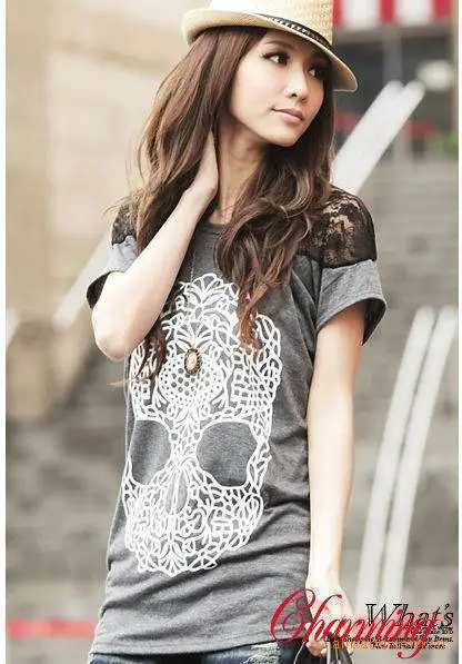 Fashion Design New Lace Shoulder Cotton Skull Cool Top Ladies Womens Girls T-shirt. Free &amp Drop Shipping 4 Colors | Женская одежда