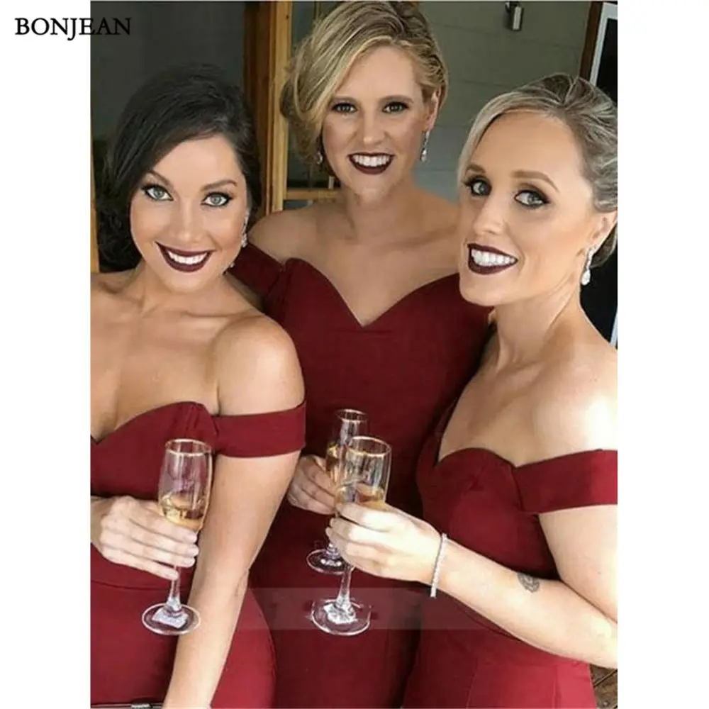 Burgundy Sweetheart Off Shoulder Sleeveless Mermaid Bridesmaid Dresses3