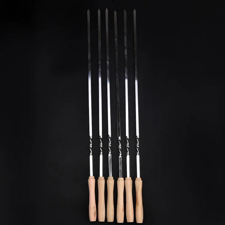 

6Pcs/Set Flat BBQ Skewers Utensil SUS 304 Stainless Steel Cooking Kit Camping Barbecue Accessorie Outdoor Wooden Handle Quality