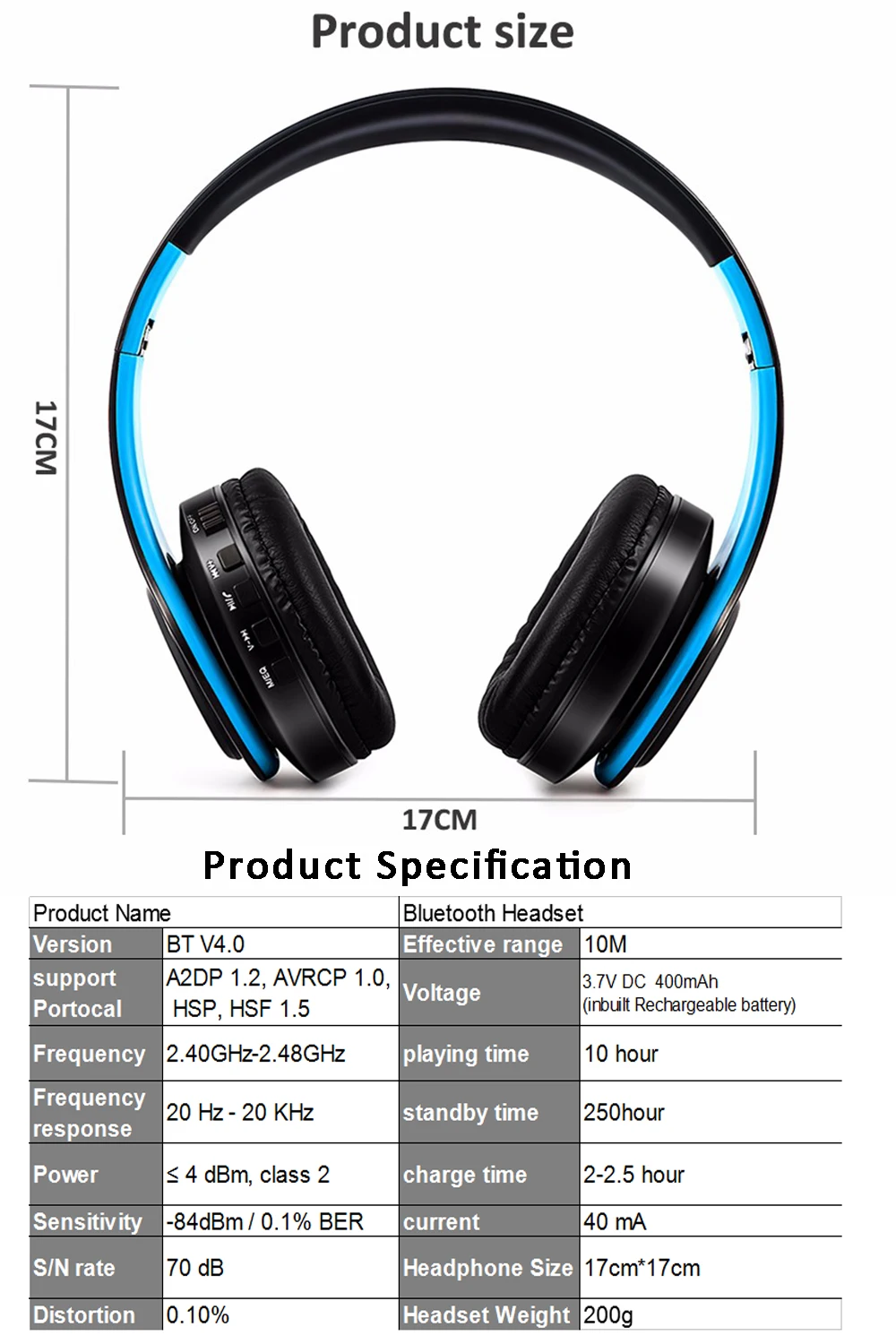 size specification of Bluetooth headset