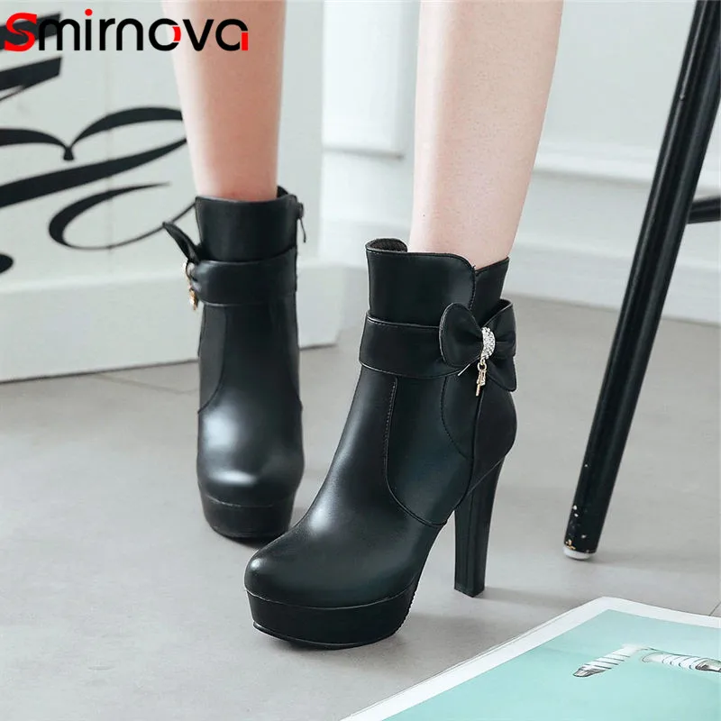 

Smirnova 2018 casual platform ankle boots sweet butterfly knot super high thin heels round toe handmade fashion boots