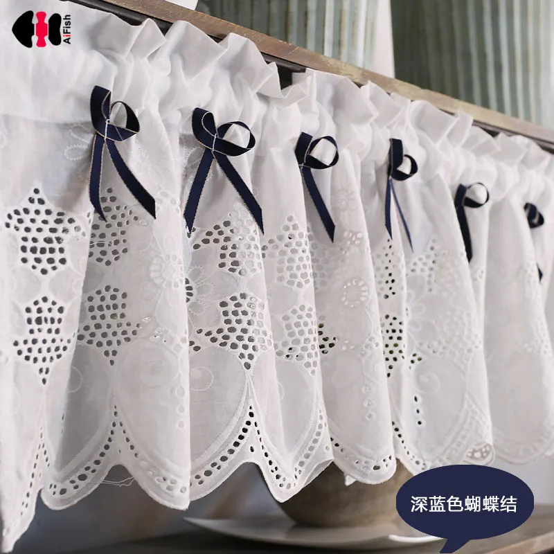 

1 Piece Rod Pocket Embroidered Short Curtains Lace Bottom Valance Tie Kitchen Balcony Door Decorative Cafes QT028C
