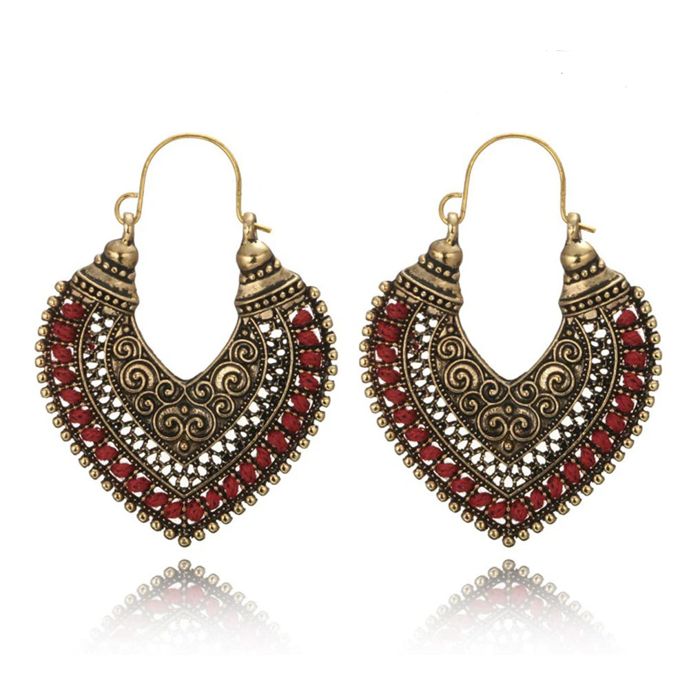 

1 Pair Ethnic Heart Shaped Dangle Earrings Vintage Carving Hollow Gypsy Drop Earring For Women Girls Fashion Jewelry Gifts