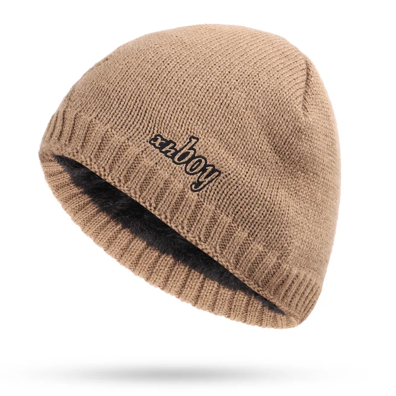 Новая модная брендовая вязаная шапка XHBOY, клетчатая полосатая Мужская зимняя шапка, теплая бархатная утолщенная Кепка Skullies Bone для мужчин - Цвет: Khaki