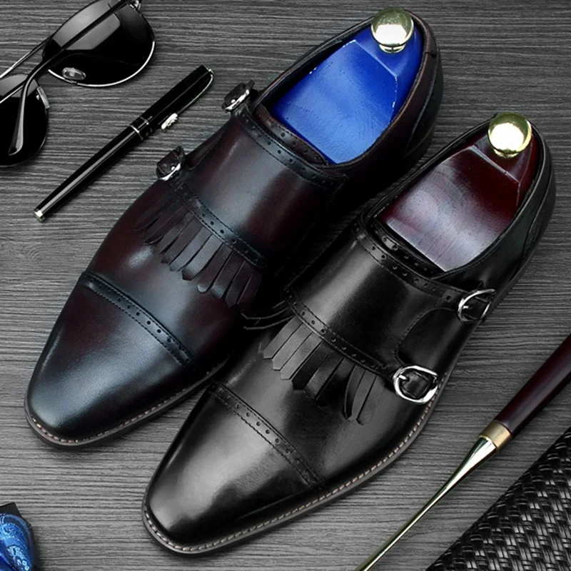 New Vintage Man Formal Dress Monk Straps Shoes Genuine Leather Handmade Semi Brogue Pointed Toe Men's Wedding Party Flats SS371