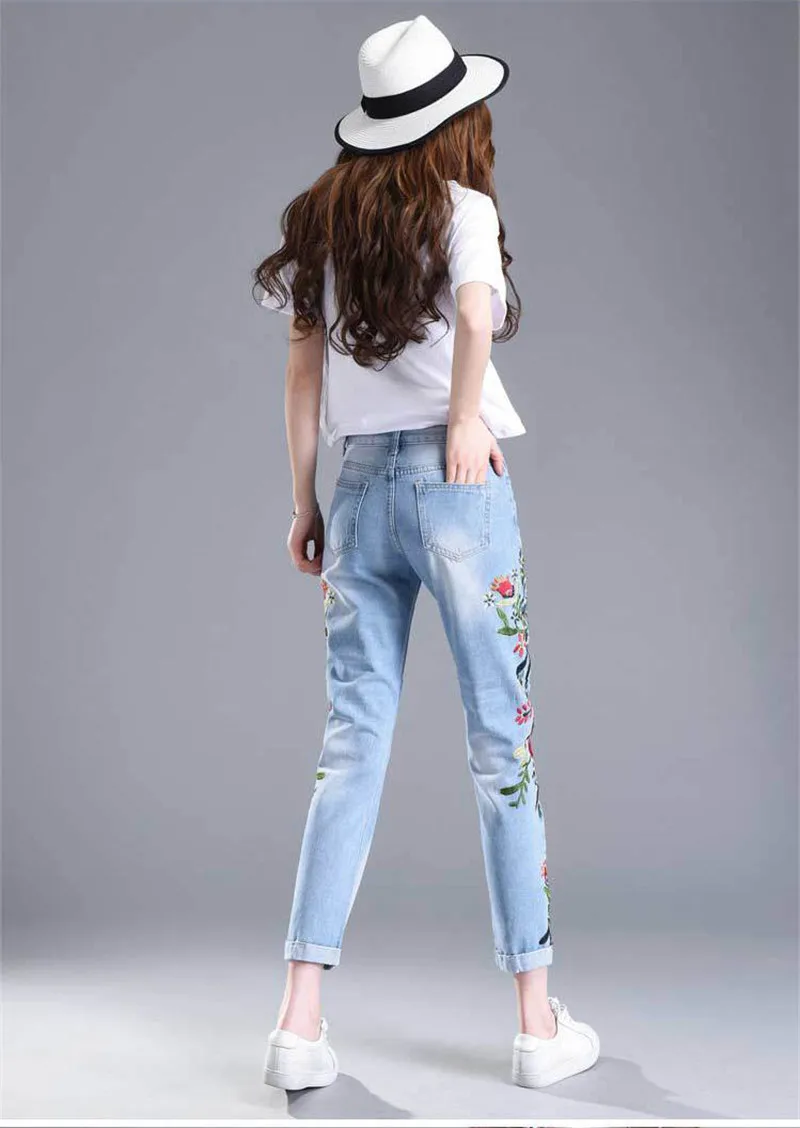 Новые весенние летние джинсы с цветочной вышивкой Женские штаны-карандаш стрейч из денима джинсы с высокой талией женские брюки C3979