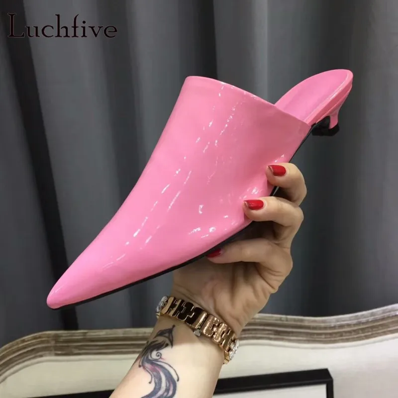 

Summer genuine leather Sandals women kitten Heels black pink pointed toe Slippers patent leather beach shoes sapato feminino