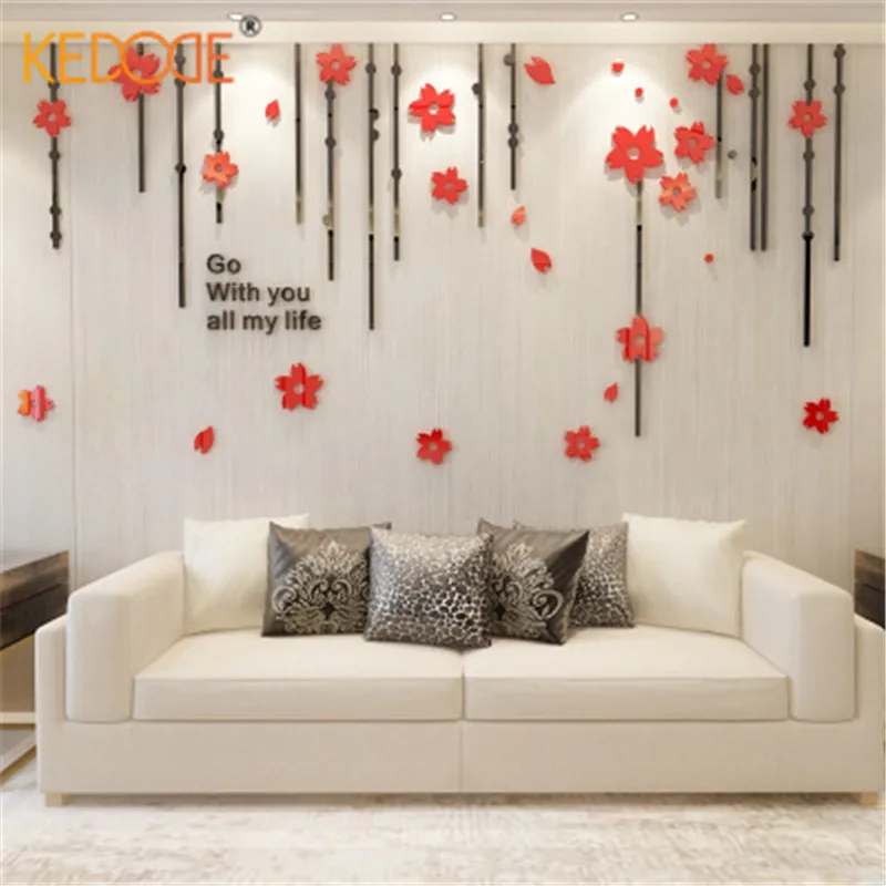KEDODE Acrylic 3D Wall Stickers Red Flowers Romantic Pastoral Simple
