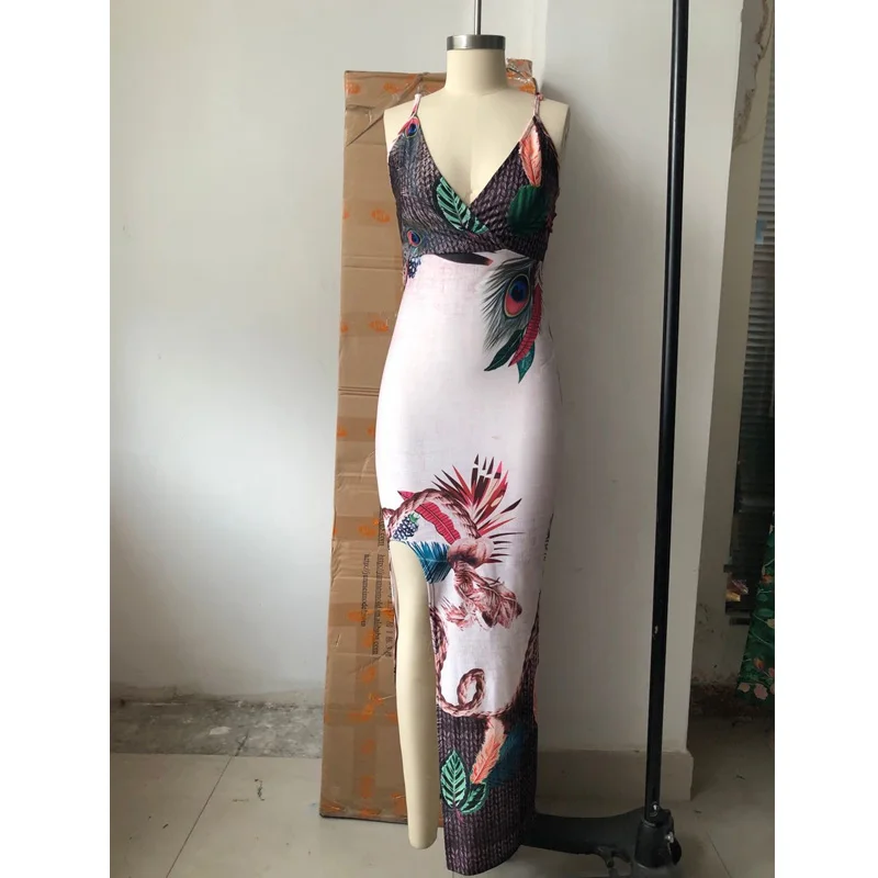 Сексуальное Женское Платье-комбинация с принтом павлина и пера, макси платье для вечеринки, летнее платье