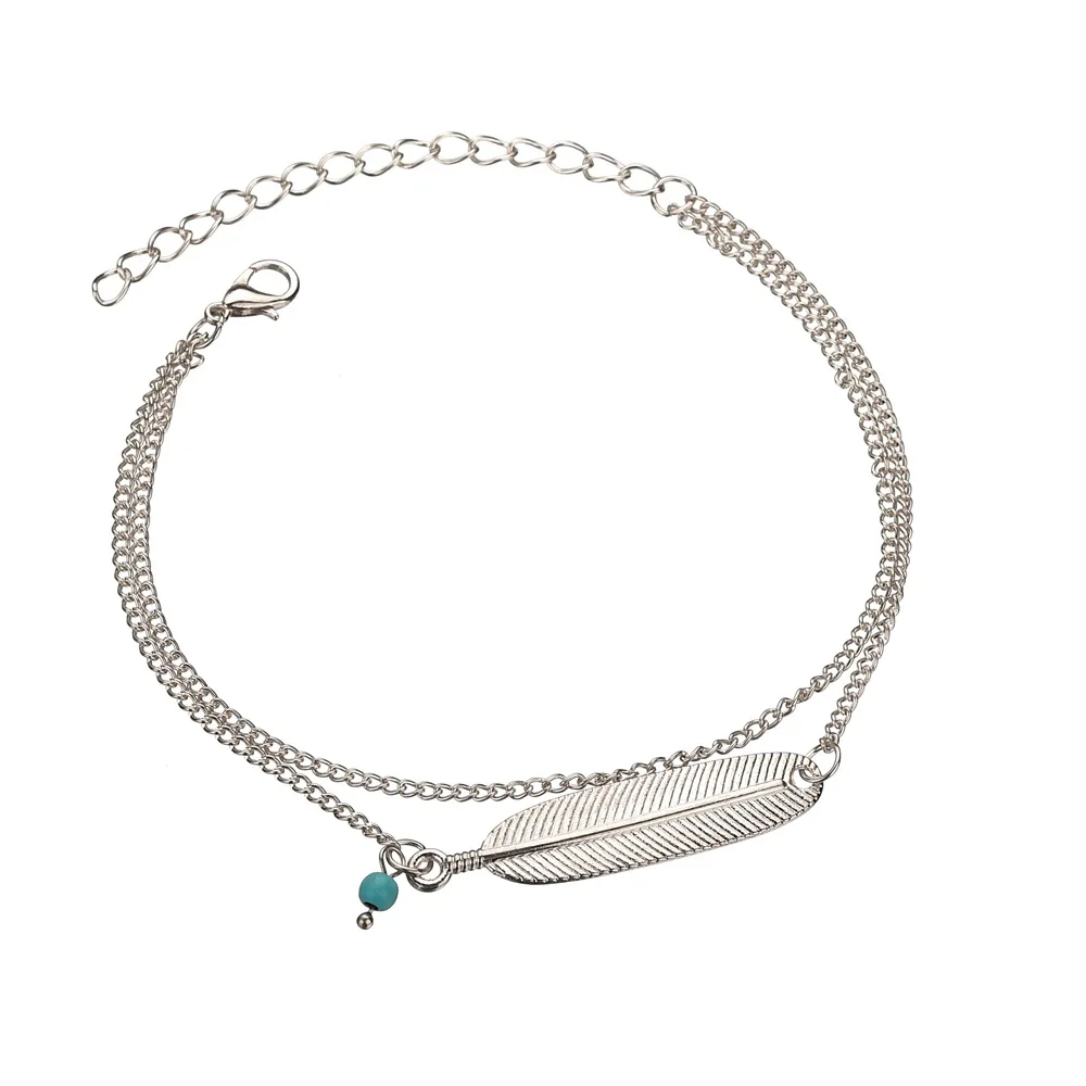 

High Quality Vintage Leaves Anklet Double Layer Chain Blue Bead Ankle Bracelet For Women Foot Jewelry 2018 New Summer Style