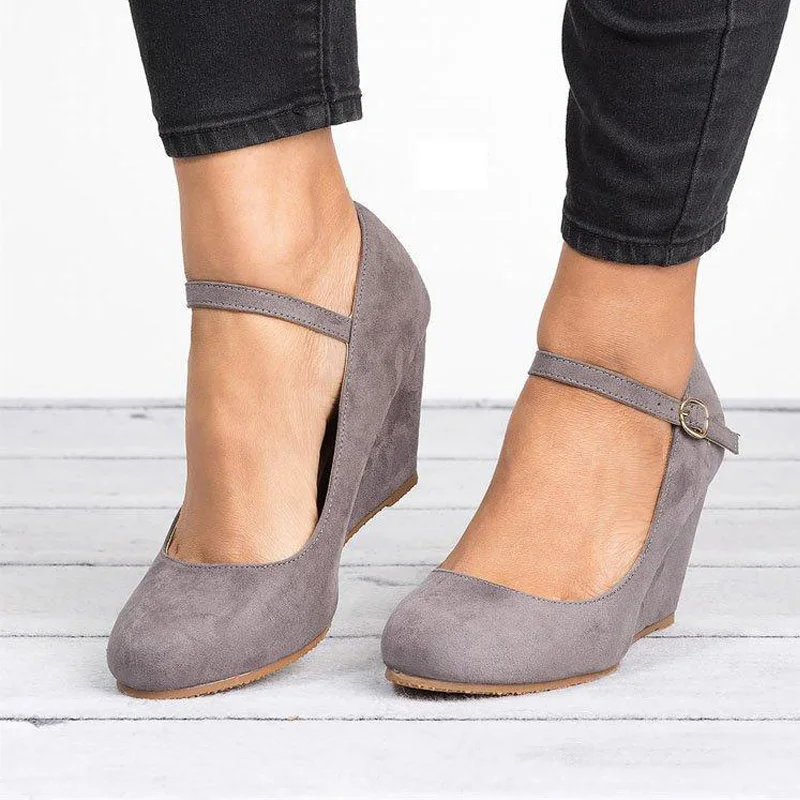 

Women Wedge Shoes Large Size7cm Heel Suede Wedge Female One Word Buckle Single Shoes Women Summer Boat Shoe Ladies Platform Shoe