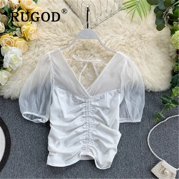 

RUGOD Sexy transparent white women blouse Vintage puff sleeve short style chiffon ladies shirts Korean chic summer party tops
