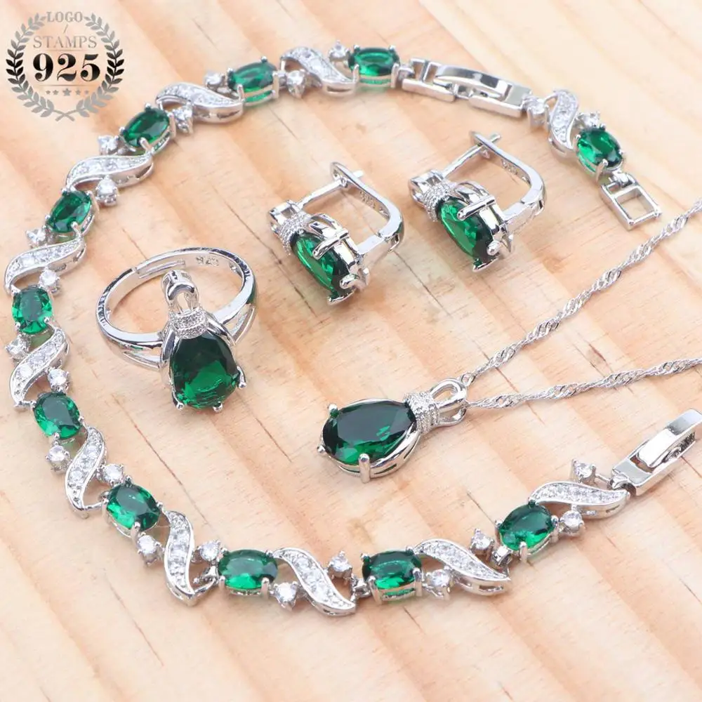 4PCS Свадебный камень 925 пробы серебряные Ювелирные наборы для женщин свадебный костюм CZ ювелирные изделия серьги кольцо браслеты ожерелье набор подарочная коробка - Окраска металла: 4PCS