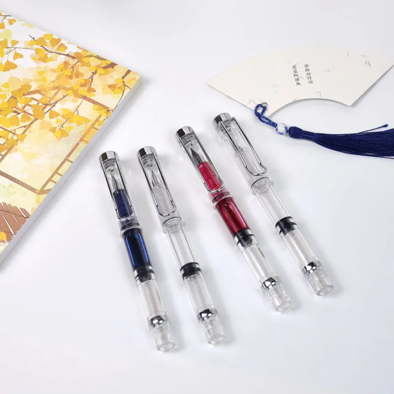 

2019 New Arrival Transparent Fountain Pen EF 0.38mm Silver Hollow Out Clip Color Ink Pens for Student School Office Supplies