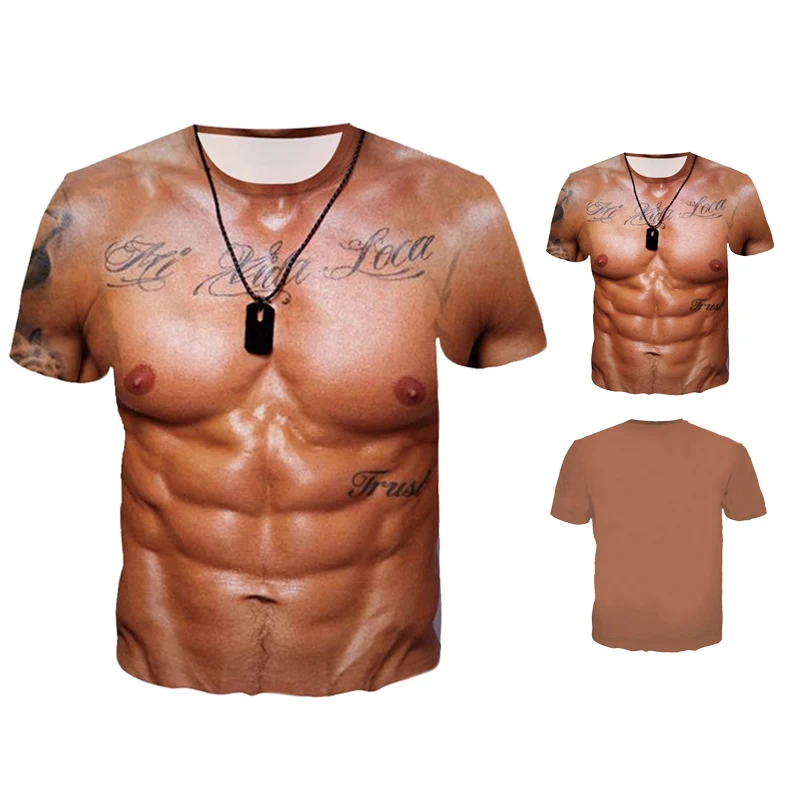 

2019 Newly Hot Men Summer 3D T-shirts Digital Printing Realistic Muscle Short Sleeves Round Neck Pullover Tops MSK66