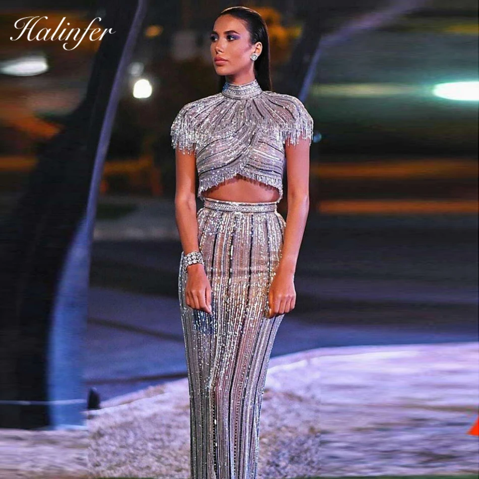 

Halinfer 2019 New Sring women dress sexy bodycon Short tasseltwo piece dress elegant celebrity party dresses vestidos