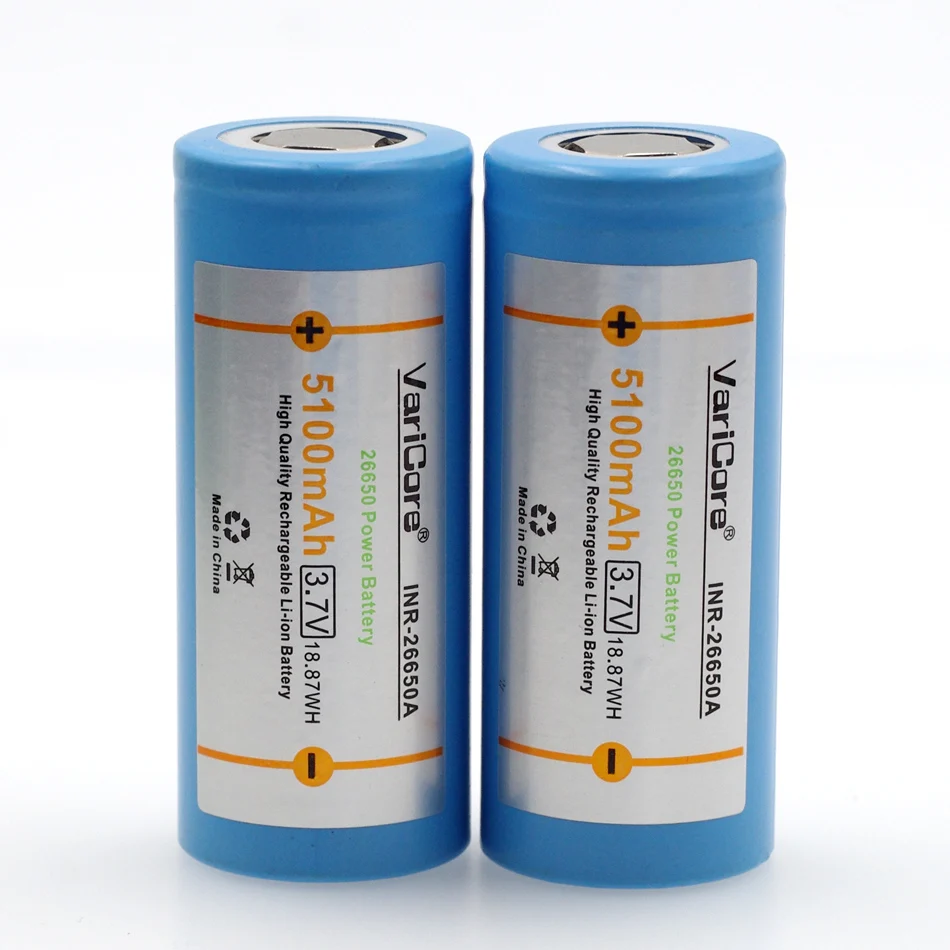 

VariCore 2PCS 26650 lithium battery, 3.7V 5100mAh, 26650 rechargeable battery, 26650-50A suitable for flashlight,