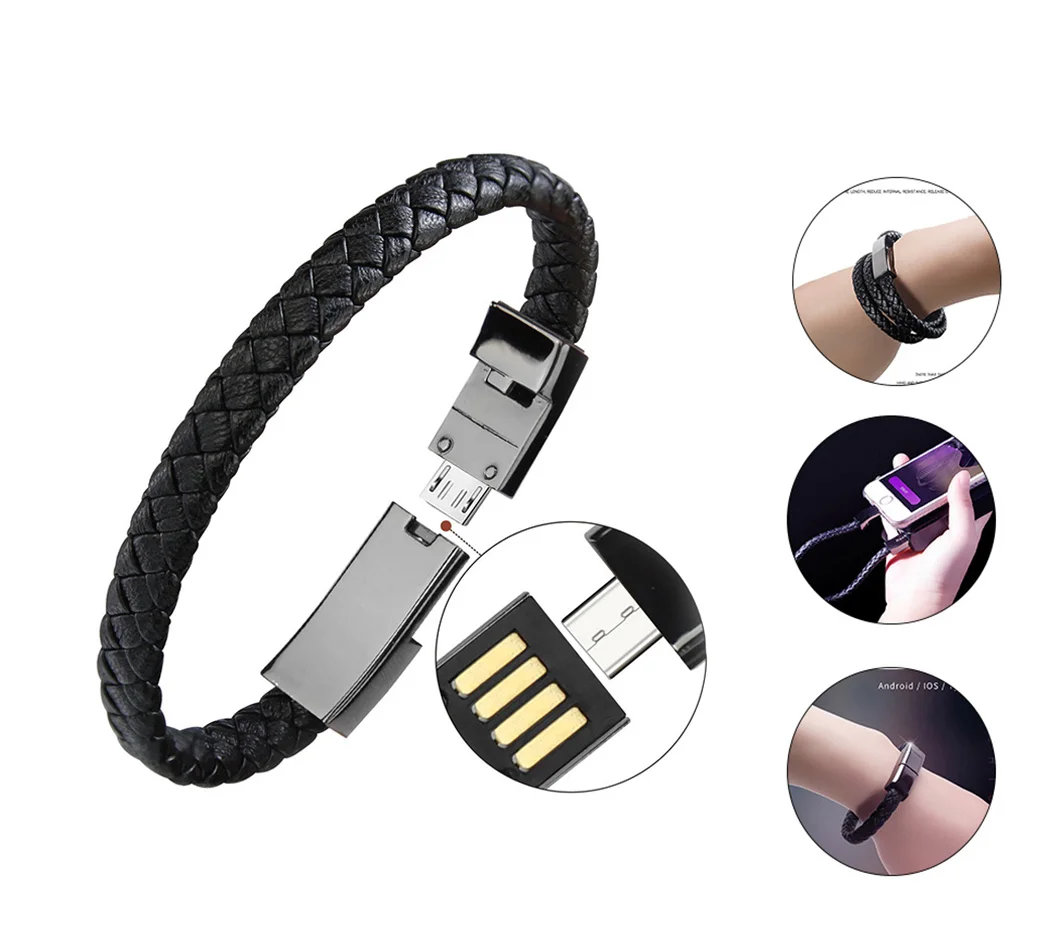 

Hot Real Leather Mini Micro USB Bracelet Charger Data Charging Cable Sync Cord For iPhone 6 6s 7Plus Android Type-C Phone Cable