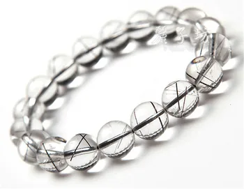 

12mm Genuine Natural Black Rutilated Quartz Bracelets Clear Round Bead Crystal Stretch Bracelet Women