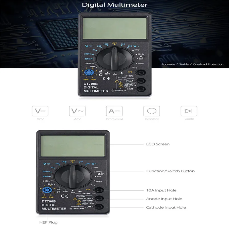 DT700B цифровой мультиметр AC DC Вольтметр Multimetro Напряжение Ток Сопротивление Тест er для электрического мультиметр диод тест