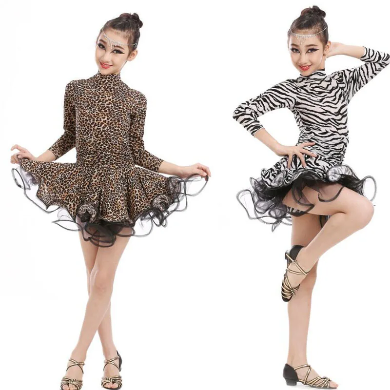 Детское платье для латинских танцев с длинными рукавами и полосками зебры для девочек, профессиональное платье для соревнований румба чача