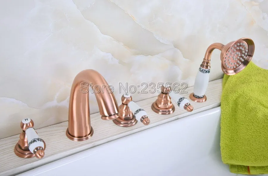 Antique Red Copper 5 Hole Roman Bathtub Faucet Tap Handheld