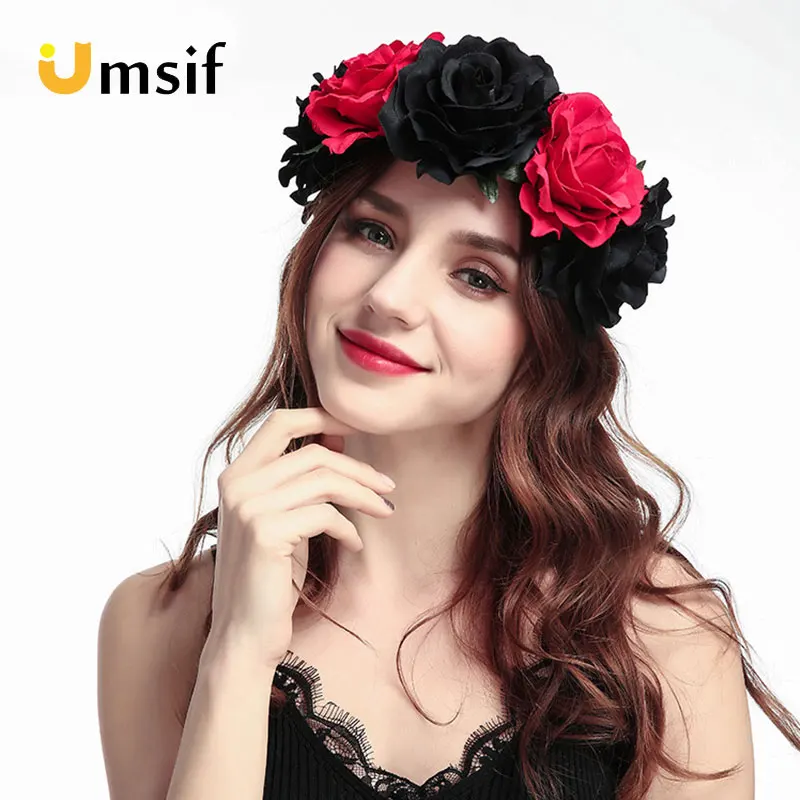 

2019 New Women Rose Crown Head Band With Flowers Wedding Floral Head Wreath Bridesmaid Bridal Headpiece Female Flower Headband