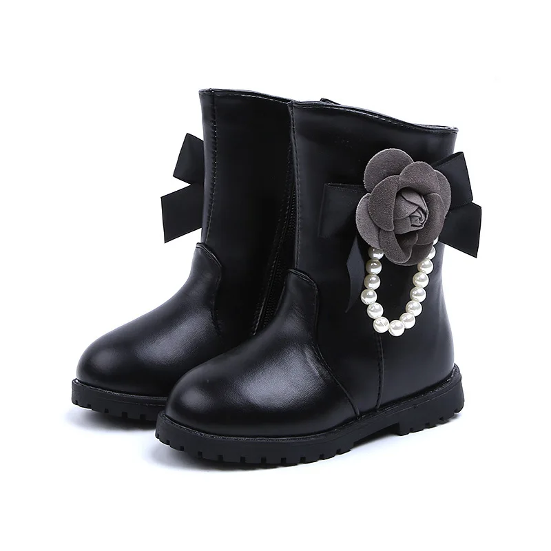 JGVIKOTO/ботинки для девочек модные детские ботинки принцессы с цветочным рисунком для девочек; теплая хлопковая Водонепроницаемая зимняя обувь для больших детей отделка бисером; 26-36 - Цвет: Черный