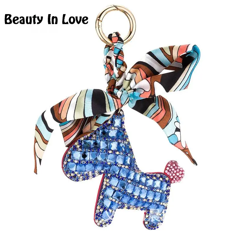 Crystal Little Pony Horse Bowknot Keychain Women Bag Pendant Charm Silk Scarves Pom pom Key Chain Buckle Ring Holder F135 |