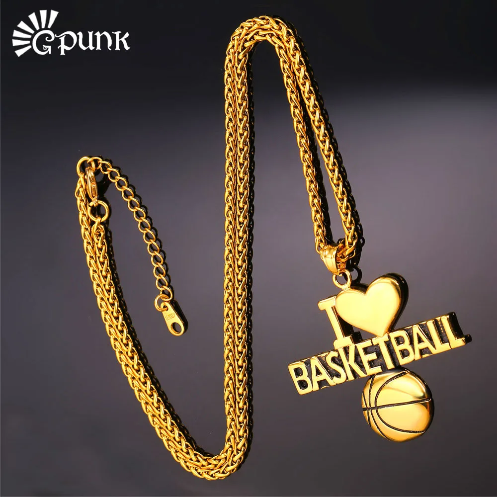 Pendants And Necklaces I Love Basketball Charm With Gold color Chain