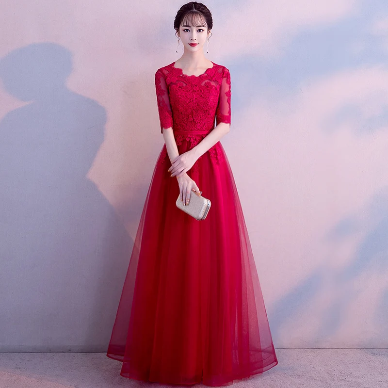 Элегантное женское с короткими рукавами кружевное красное банкетное платье Чонсам сценическое шоу цветок Qipao Vestidos классическое длинное свадебное платье