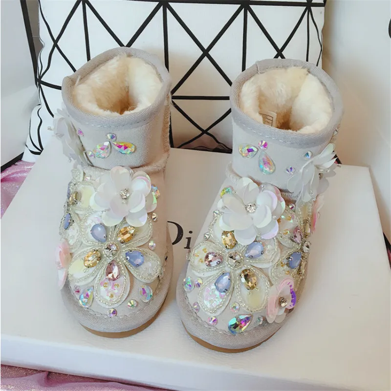 

Children's handmade rhinestones beads sequins leather non-slip thickening snow boots warm baby cotton short tube