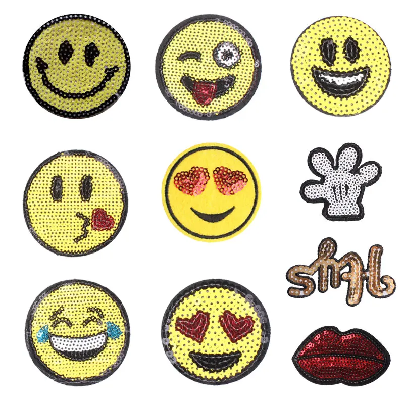 

Round Smiley Face Patches Stickers Iron on Clothes Heat Transfer Applique Embroidered Applications Cloth Fabric Sequin Patches