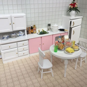 

1:12 Furniture toy for dolls wooden white refrigerator stove table chair kitchen set Dollhouse pretend play toys for girls gifts