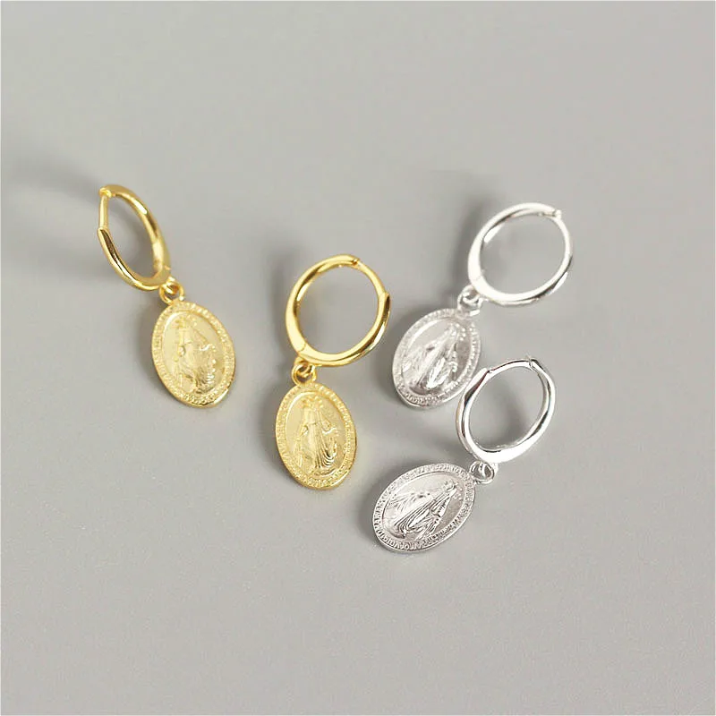 

Fengxiaoling 100% Genuine 925 Sterling Silver Golden Silver Coin Carved Portrait Drop Earrings Jewelry Earrings For Women