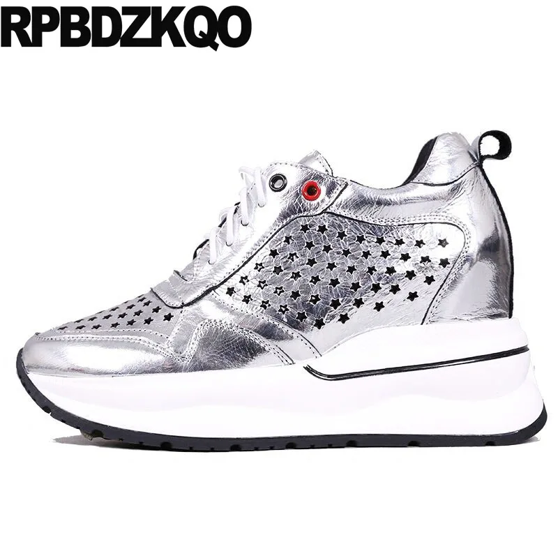 

Pumps Lace Up Silver Platform Women Shoes Ladies Round Toe Genuine Leather Catwalk High Heels Creepers Hidden Celebrity Wedge