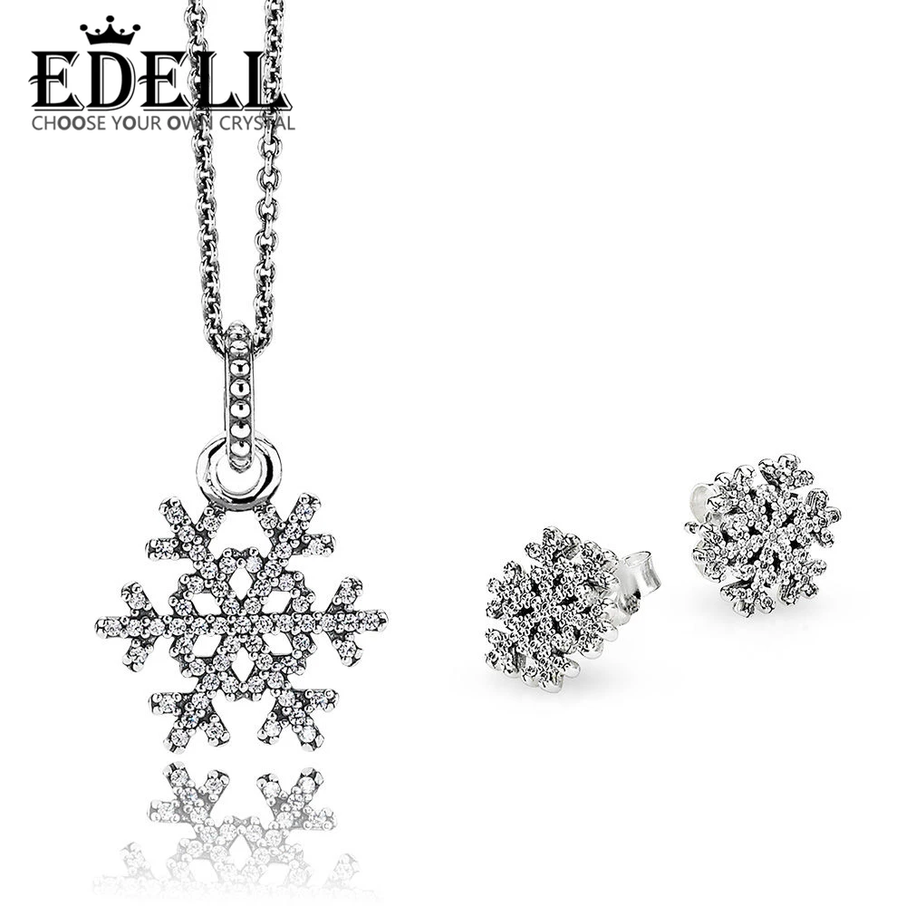 

EDELL 100% 925 Sterling Silver 1:1 Genuine Shiny Snowflake Earrings Pendant Necklace Charm Original Women PAN