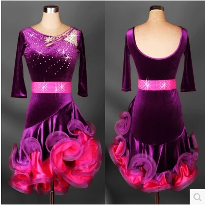 Костюм латинского танца старшие платья Бархатное фиолетовое Элегантное платье с рукавами для женщин Латинское алмазное конкурсное платье - Цвет: purple