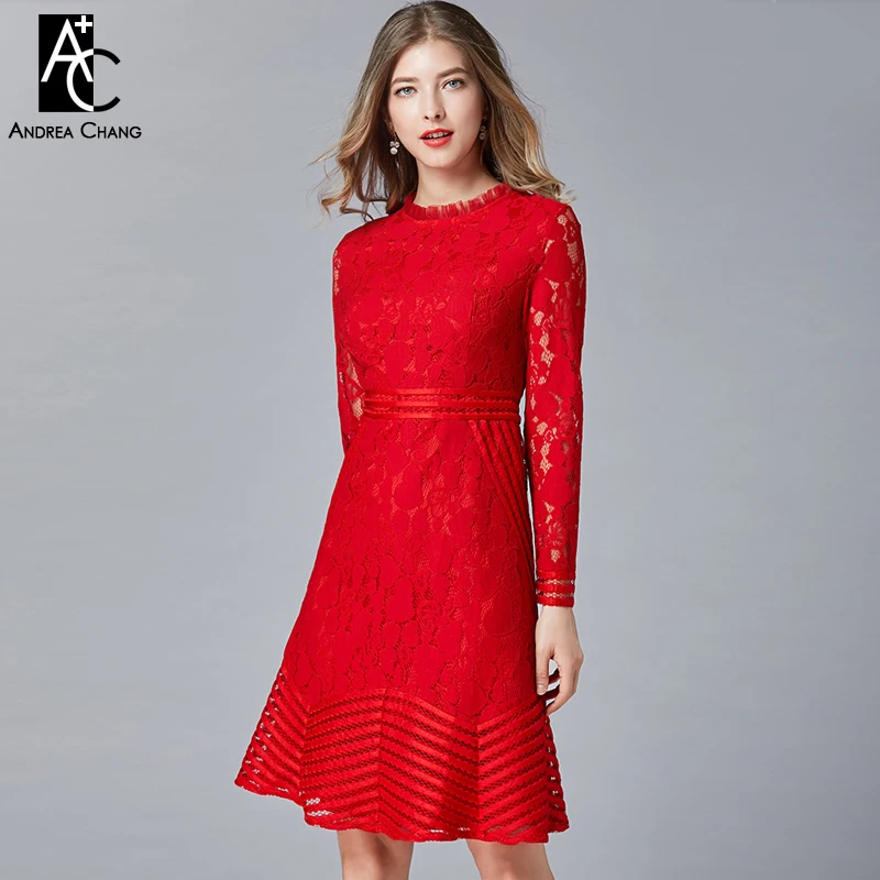 

PLUS SIZE woman dress L-5XL high quality summer spring dress trumpet bottom a-line fashion vintage knee length red lace dress