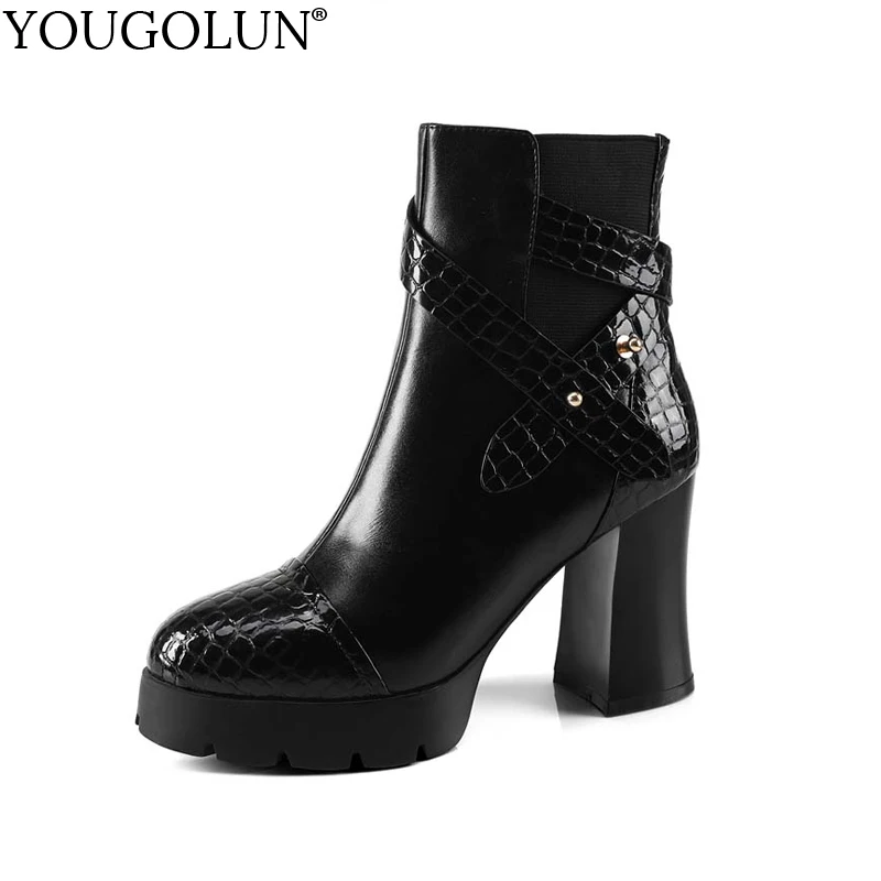 

YOUGOLUN Women Ankle Boots Genuine Leather Black Ladies Winter Autumn Square Heel 9.5 cm Buckle High Heels Platform Shoes #Y-157