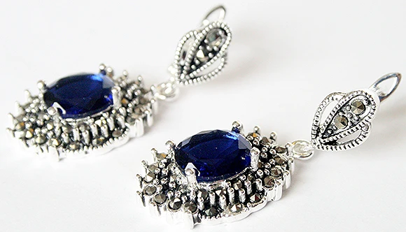 

925 Sterling Silver Jewelry Blue Faceted Crystal Marcasite Dangle Earrings 1 1/2