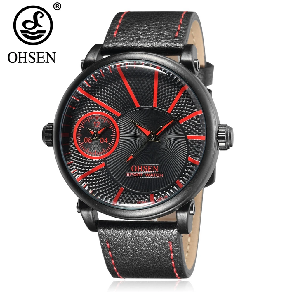 Кварцевые часы OHSEN мужские наручные армейский кожаный ремешок Reloj Masculino с красным