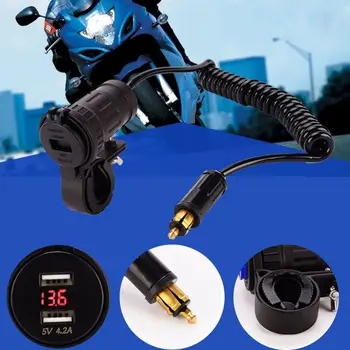 

NEW 12V 24V Dual USB 2.1A Charger With LED Voltmeter Spring Cable Power Adapter for BMW Triumph Motorcycle Hella DIN Plug