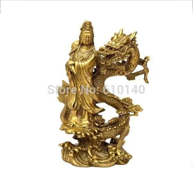 

10" Chinese Pure Brass Buddhism Fly Dragon Kwan-Yin Guan Yin Buddha Joss Statue