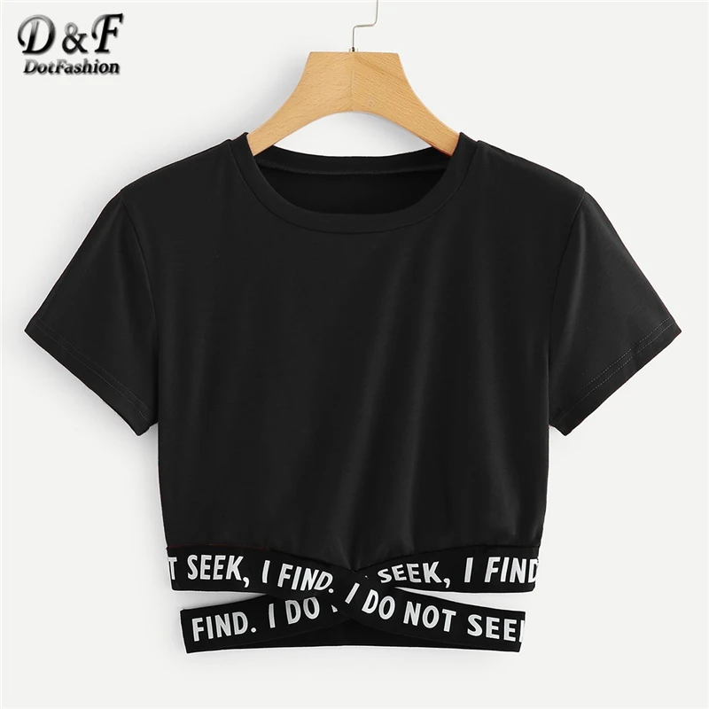 Dotfashion Contrast Slogan Criss Cross Waist Tee 2019 Summer Round Neck Short Sleeve Top Women Asymmetrical T Shirt