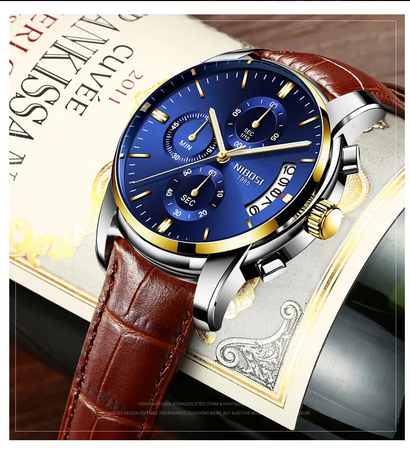 NIBOSI Mens Watches Top Brand Luxury Premium Luxury Fashion Luminous Waterproof Watch High-end Calfskin Pure Steel Strap Blue (7)