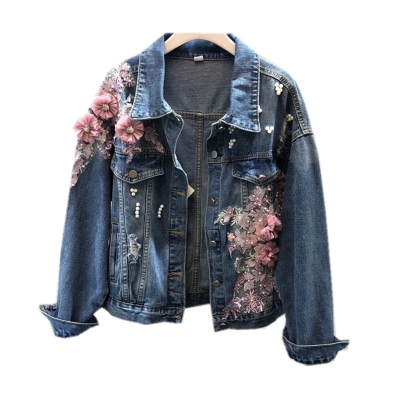 2018 Spring Autumn Jeans Jacket Coat Woman New Heavy Stereo Pink Flower Embroidered Hole Denim Jackets Student Basic Coats